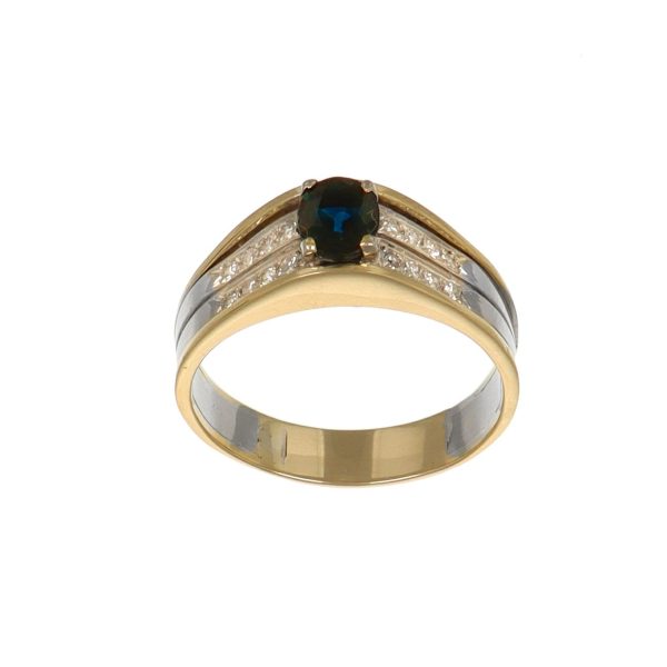 Anello due ori con zaffiro blu e diamante uomo