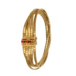 Bracciale oro giallo lucido satinato cinque fili con zaffiri blu e rubini modello vintage