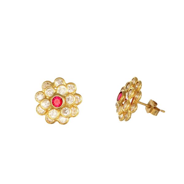 Orecchini oro giallo fiore con zirconi rosso e bianchi