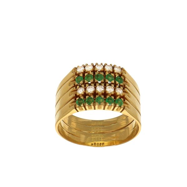 Anello oro giallo fascia con diamanti e smeraldi
