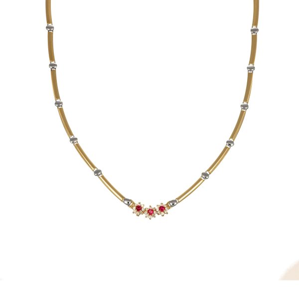 Collana due ori semirigida con fiore centrale e zirconi