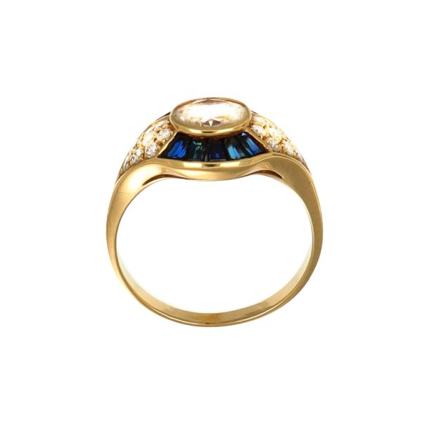 Anello oro giallo con diamanti e zaffiri blu