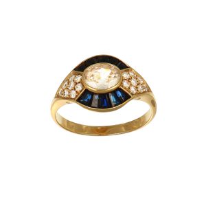 Anello oro giallo con diamanti e zaffiri blu